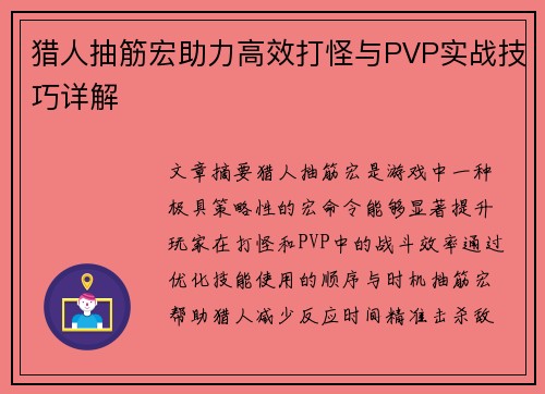 猎人抽筋宏助力高效打怪与PVP实战技巧详解